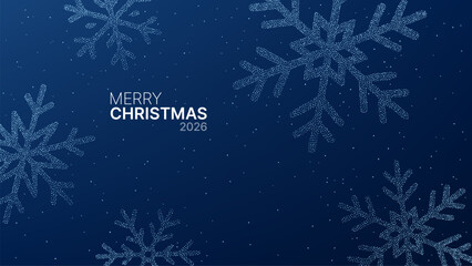 Dotted snowflakes on a dark blue background with Merry Christmas 2026 text. Festive winter holiday pattern for greeting card or banner.