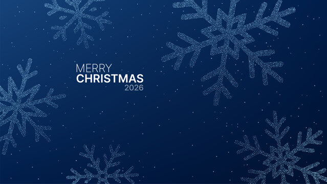 Dotted snowflakes on a dark blue background with Merry Christmas 2026 text. Festive winter holiday pattern for greeting card or banner.