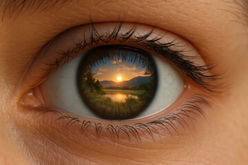 Naklejka premium A serene sunset over a lush landscape reflected in an eye