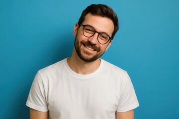 Obraz premium A man in a white t-shirt and glasses stands against a vibrant blue backdrop, exuding confidence and approachability