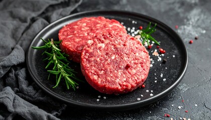 Two raw, beef burger patties sit atop a black plate with seasonings