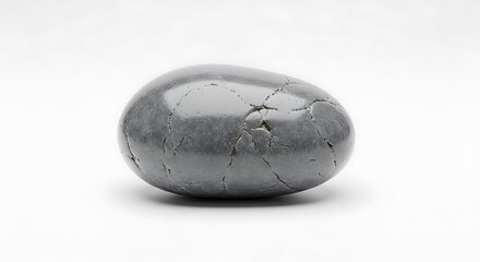 Smooth, polished grey stone with subtle cracks, isolated on a clean white background for design concepts.