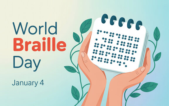 World Braille Day illustration with hands holding calendar and leaves - Powered by Adobe