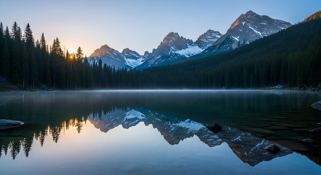 Serene mountain lake at dawn with misty reflection of snow-capped peaks and evergreen trees