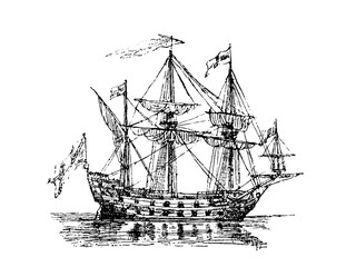 Military sailing ship, old vintage illustration, 1879