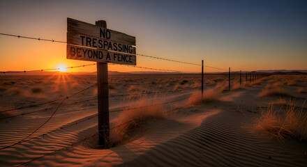 Sunset Over Barbed Wire Fence and Sign in Desert Landscape, with Sun Rays and Shadows