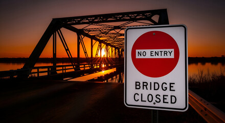 Sunset Over Closed Bridge: A Warning Sign Against The Orange Sky