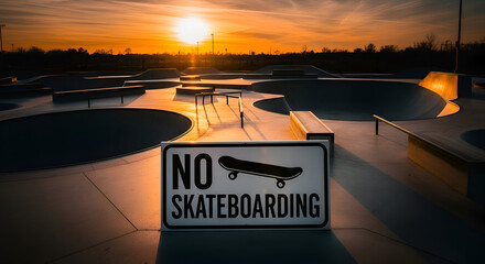 Sunset Over Skatepark Shows Sign Discouraging Skateboarding Activities On The Premises