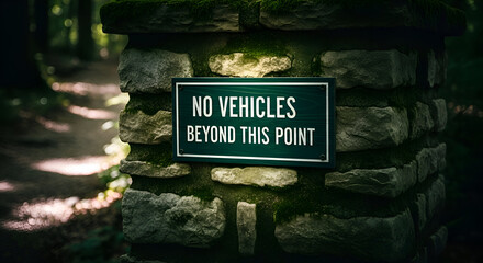 Signage Indicating Restricted Vehicle Access Beyond Stone Structure in Forest Context