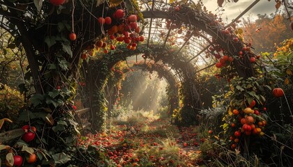 Lush garden pathway with arches, adorned with red fruits and vibrant foliage