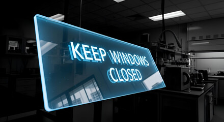 Fototapeta premium Signage Inside Laboratory: Keep Windows Closed Illuminated With Blue Edges For Safety
