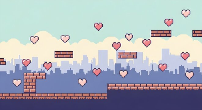Retro 8-bit pixel art platformer game scene with falling hearts and platforms in a nostalgic landscape for gaming and digital art