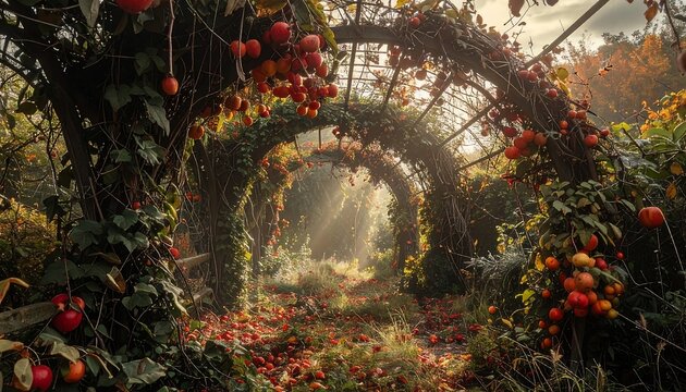 Lush garden pathway with arches, adorned with red fruits and vibrant foliage