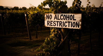 Fototapeta premium Vineyard Alcohol Prohibition Sign: A Restriction Notice Displaying Winery Policy During Sunset