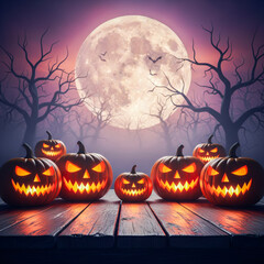 Spooky Halloween night with jack-o’-lanterns, full moon, bats, and eerie forest — 8K realistic fantasy horror background