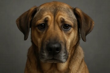 Obraz premium A gentle-eyed dog with a somber expression sits against a muted gray backdrop, its fur textured in a warm brown hue