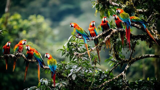 A vibrant gathering of macaws perched on branches in a lush rainforest.