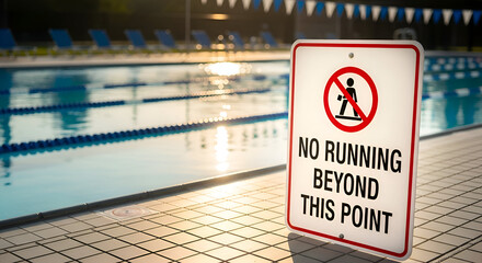 Swimming Pool Safety Regulations: No Running Beyond This Point Signage and Bright Water