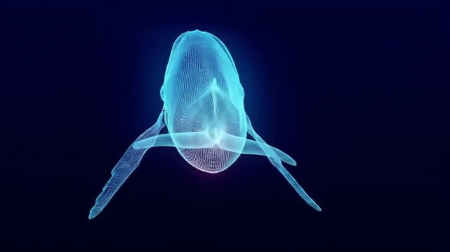 Abstract holographic whale digital render in deep blue, showcasing marine biology, technology, and futuristic ocean concepts.
