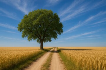 Obraz premium A Lone Tree Stands Guard Over a Golden Field Under the Clear Blue Sky