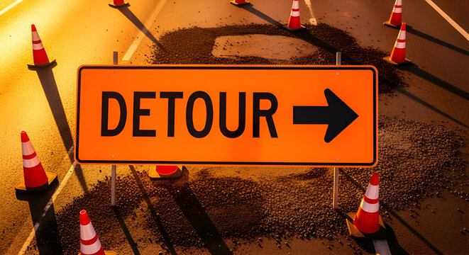 Traffic Detour Sign Directs Travelers Away From Road Construction Zone.