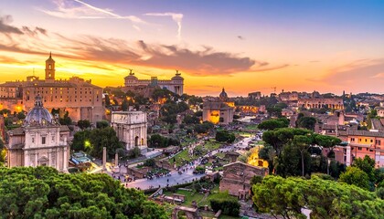 Obraz premium Panoramic cityscape at dusk, featuring historic architecture and a vibrant sunset