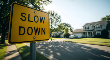Traffic Sign Warns Drivers To Reduce Speed In A Residential Neighborhood, Sunlight