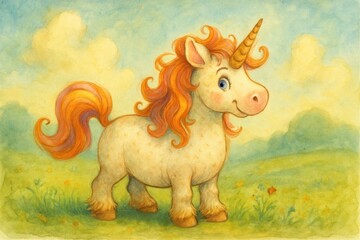 A whimsical unicorn with a golden mane stands in a field of vibrant flowers under a sky painted with hues of blue and yellow, symbolizing the magic and wonder of nature