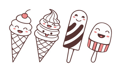 Kawaii Ice Cream & Popsicle Icons – Cute Dessert Vector illustration Set, easily editable.