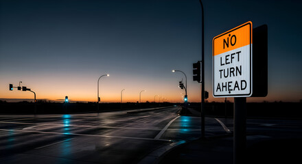 Twilight Roadway Scene Depicting Prohibition Of Left Turns With Illuminated Signage