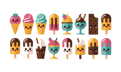 Kawaii Ice Cream & Popsicle Icons – Cute Dessert Vector illustration Set, easily editable.