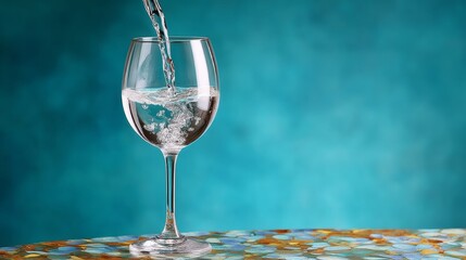Glass of water is poured into a wine glass, creating a serene and tranquil atmosphere. The water fills the wine glass, almost to the brim. The scene is simple yet beautiful