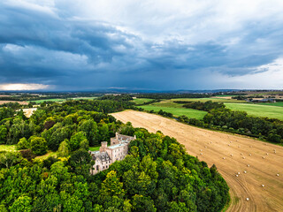 Hutton Castle from a drone, Whiteadder Water, Chirnside, Scottish Borders, UK