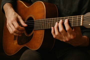 Fototapeta premium An intimate moment of music creation captured as hands gently strum a classic acoustic guitar