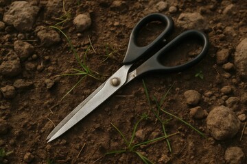Obraz premium A pair of scissors rests on a patch of earth, symbolizing the delicate balance between human intervention and natural growth