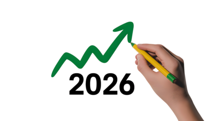 Hand drawing a growth chart towards 2026, symbolizing progress isolated on transparent background