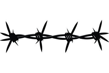 Black silhouette of barbed wire winding horizontally across a stark white background