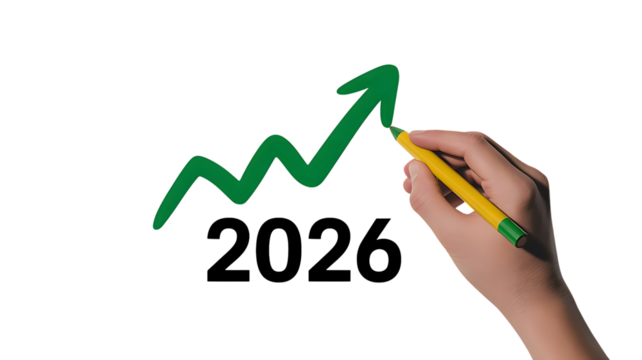 Hand drawing a growth chart towards 2026, symbolizing progress isolated on transparent background