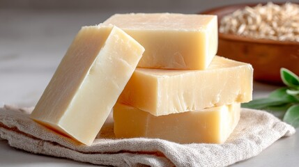 Stack of white bars of soap on a table. The soap is white and rectangular in shape