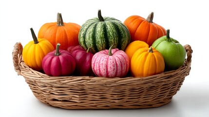 Basket filled with a variety of pumpkins and squash, including some green and yellow ones. The basket is overflowing with these colorful vegetables, creating a vibrant and lively atmosphere