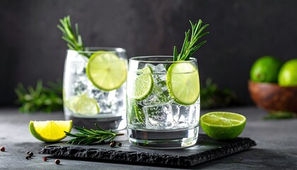 Two refreshing cocktails with lime, rosemary sprigs, and ice