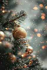 Christmas tree adorned with golden balls. Soft snowflakes fall gently, festive atmosphere with blurred lights in the background, vertical banner, copy space, free space for text