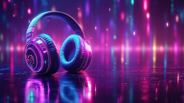Neon headphones on a reflective surface