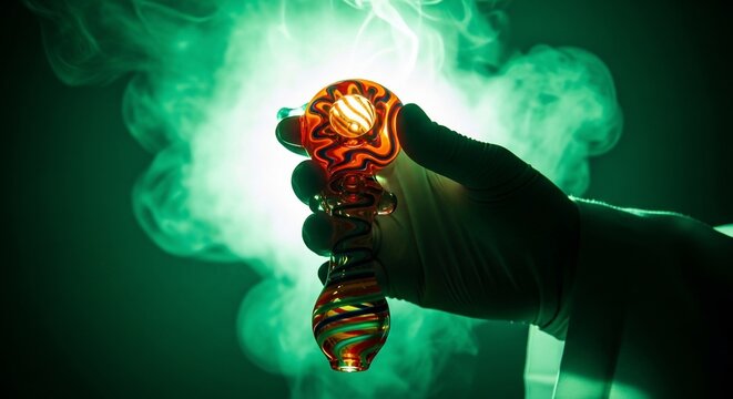 Hand holding a colorful glass pipe with green smoke surrounding it in a dark setting