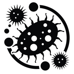 Black and white virus cells are surrounded by circular shapes against a white background
