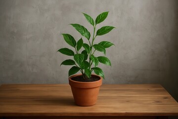 Fototapeta premium A lush green plant thrives in its terracotta pot on a wooden table against a textured gray wall