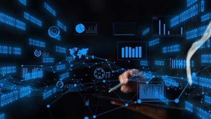 Engaging futuristic representation of data analytics with blue graphs and charts. Ideal for illustrating technology, business insights, and digital documentation. Xenic