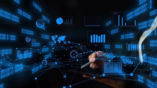 Engaging futuristic representation of data analytics with blue graphs and charts. Ideal for illustrating technology, business insights, and digital documentation. Xenic