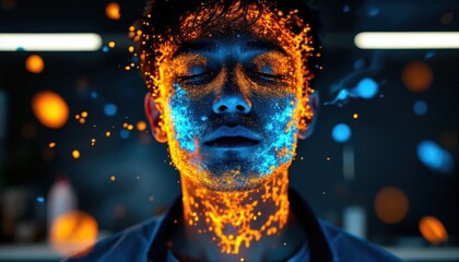 Close up of a Mans Face Covered in Glowing Blue and Orange Particles, Eyes Closed