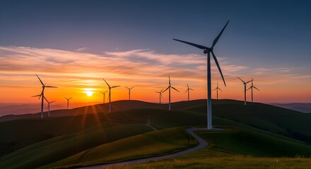 Obraz premium Majestic wind turbines gracefully spin against a vibrant sunset sky illuminating rolling green hills a symbol of renewable energy innovation